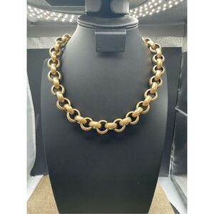 Chico’s Large Chain Link Necklace Brushed Gold Tone Logo Tag